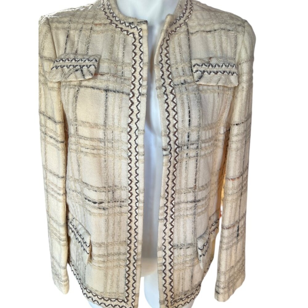 I Magnin & Co Cream & Black Plaid Wool Womens Tweed Blazer Jacket With Front Poc - Picture 2 of 9